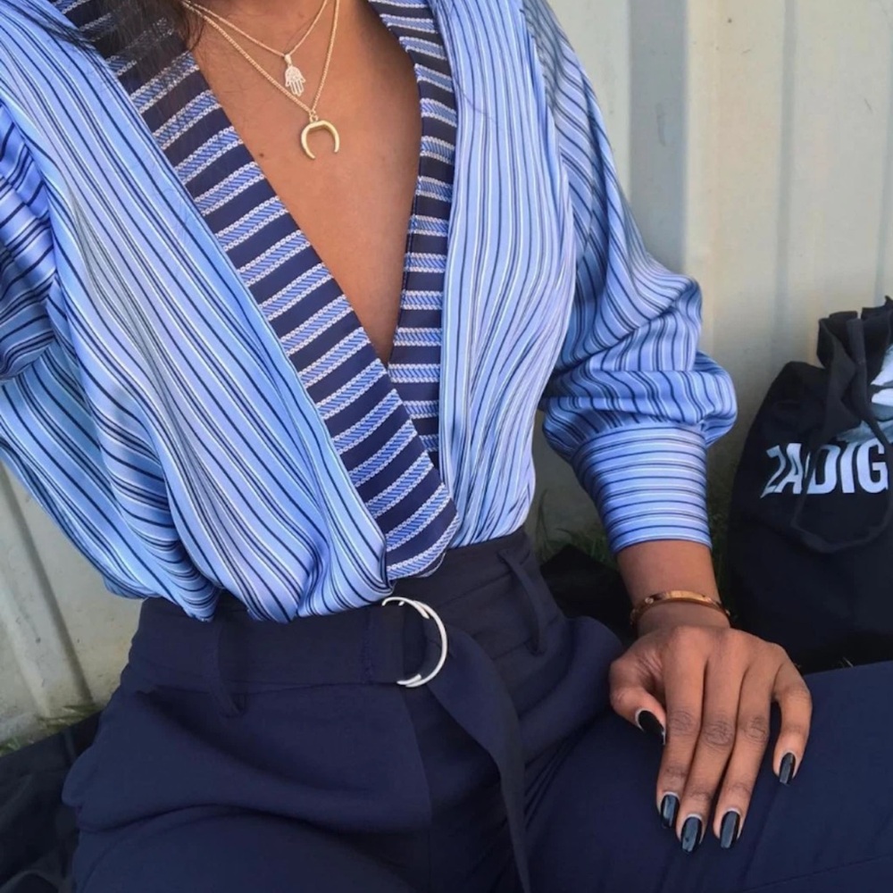 Striped V-Neck Wrap Blouse in Light Blue